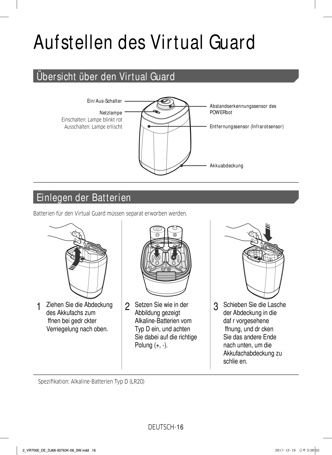 Samsung VR10M703WWW/AG, VR10M7039WG/SW, VR10M701WUW/AG Übersicht über den Virtual Guard, Einlegen der Batterien, DEUTSCH-16 