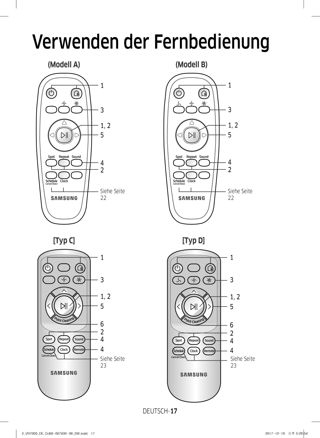 Samsung VR20M707WWS/AG, VR10M7039WG/SW, VR10M701WUW/AG, VR10M7019UW/SW Verwenden der Fernbedienung, DEUTSCH-17, Siehe Seite 