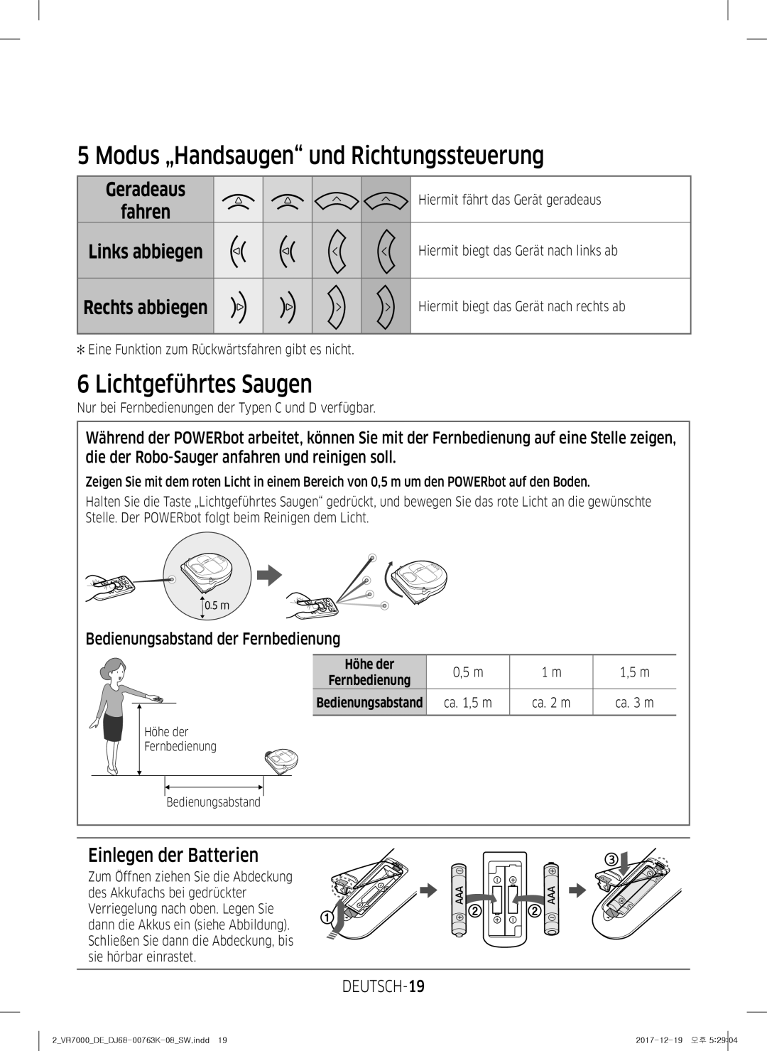 Samsung VR10M701WUW/AG Modus „Handsaugen und Richtungssteuerung, Lichtgeführtes Saugen, Einlegen der Batterien, DEUTSCH-19 