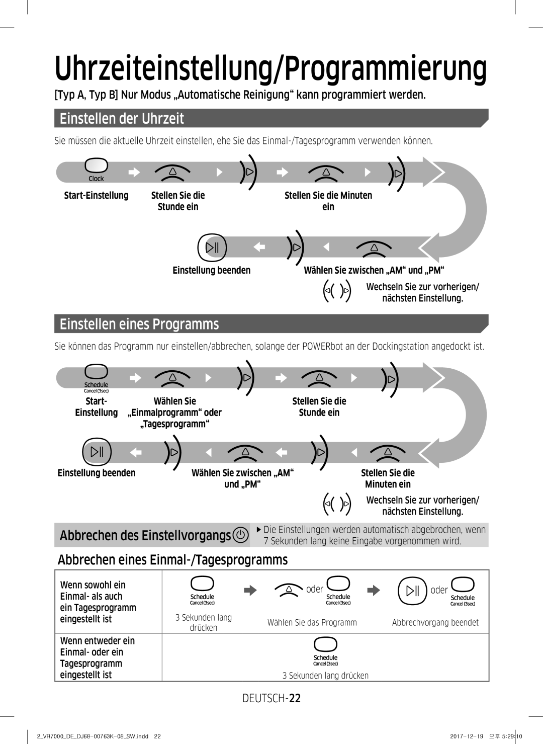 Samsung VR20M707WWS/AG Einstellen der Uhrzeit, Einstellen eines Programms, Abbrechen des Einstellvorgangs, DEUTSCH-22 