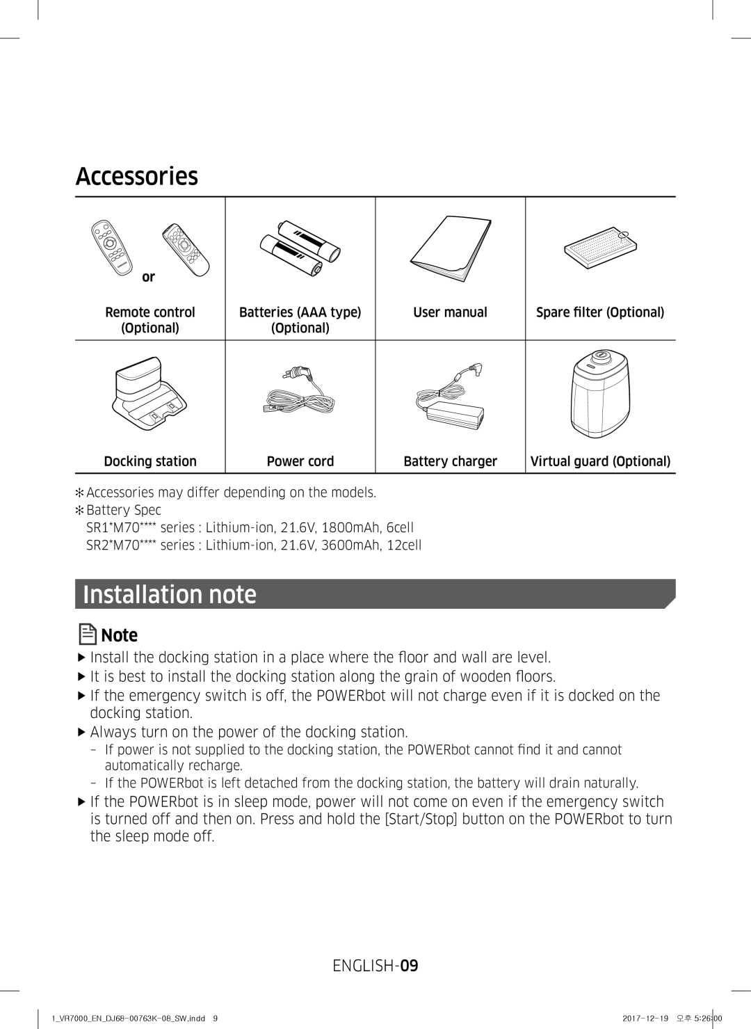 Samsung VR20M707WWS/AG, VR10M7039WG/SW, VR10M701WUW/AG, VR10M7019UW/SW manual Accessories, Installation note, ENGLISH-09 