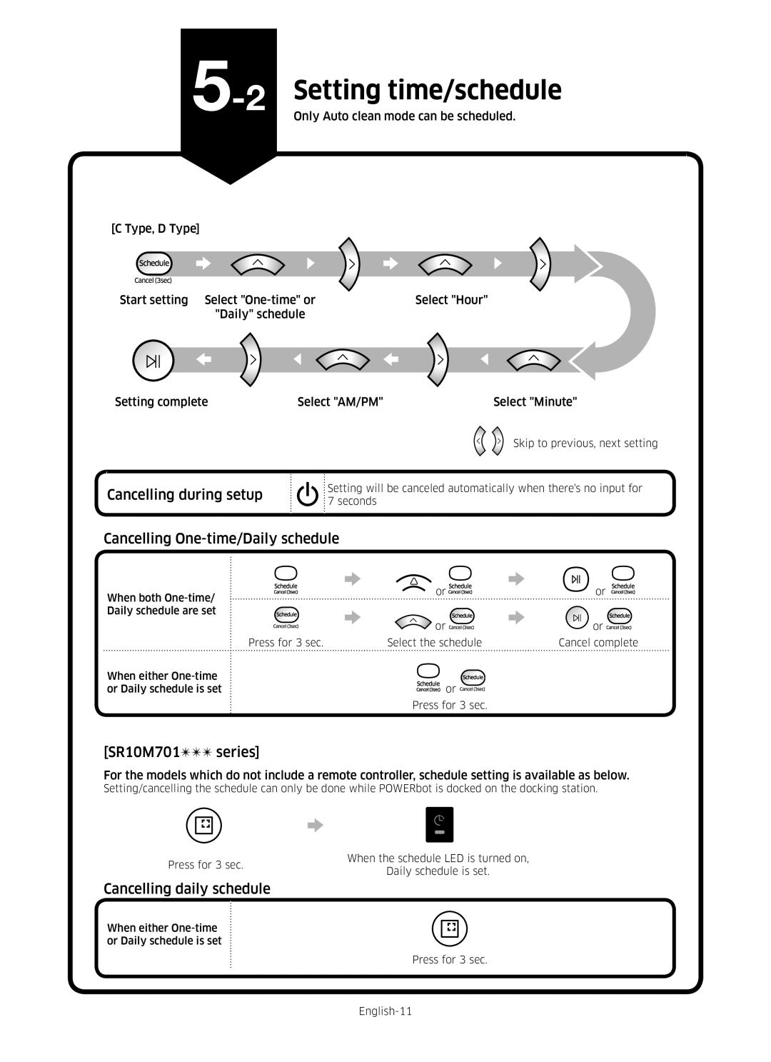 Samsung VR10M701HUW/GE, VR10M703HWG/GE 2Setting time/schedule, Cancelling during setup, Cancelling One-time/Daily schedule 