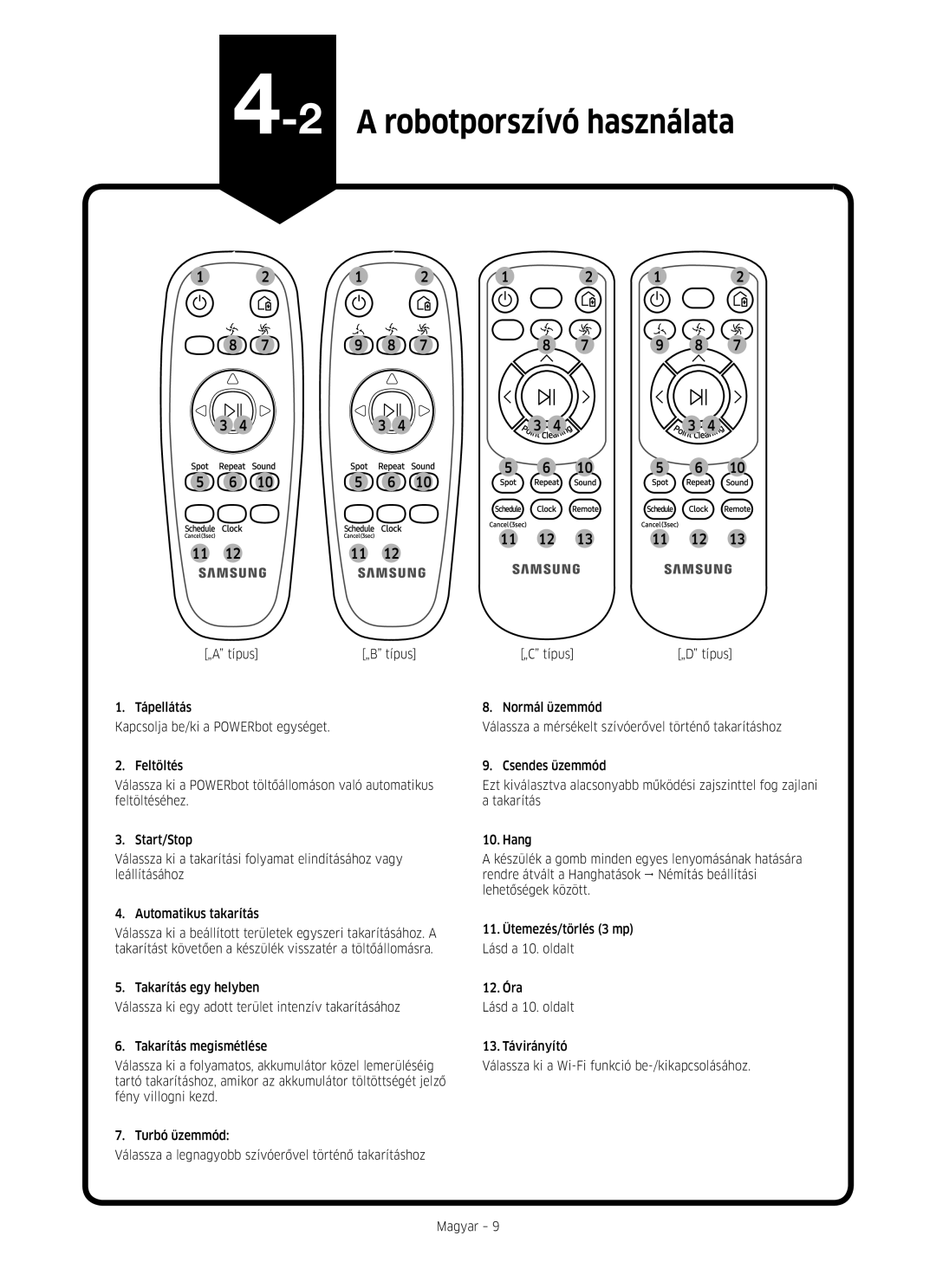 Samsung VR10M701HUW/GE, VR10M703HWG/GE, VR20M707HWS/GE, VR20M705CUS/GE, VR10M701CUW/GE manual 2A robotporszívó használata 