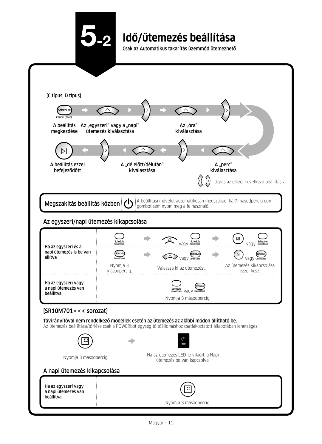 Samsung VR20M705CUS/GE manual Megszakítás beállítás közben, Az egyszeri/napi ütemezés kikapcsolása, SR10M701 sorozat 