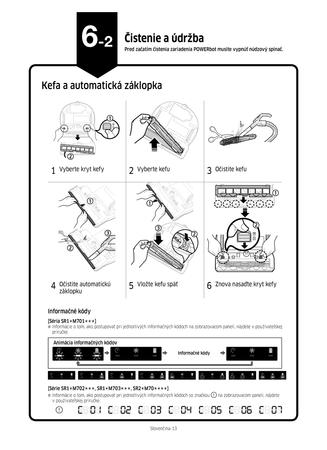 Samsung VR20M705CUS/GE, VR10M703HWG/GE manual Kefa a automatická záklopka, Séria SR1M701, Animácia informačných kódov 