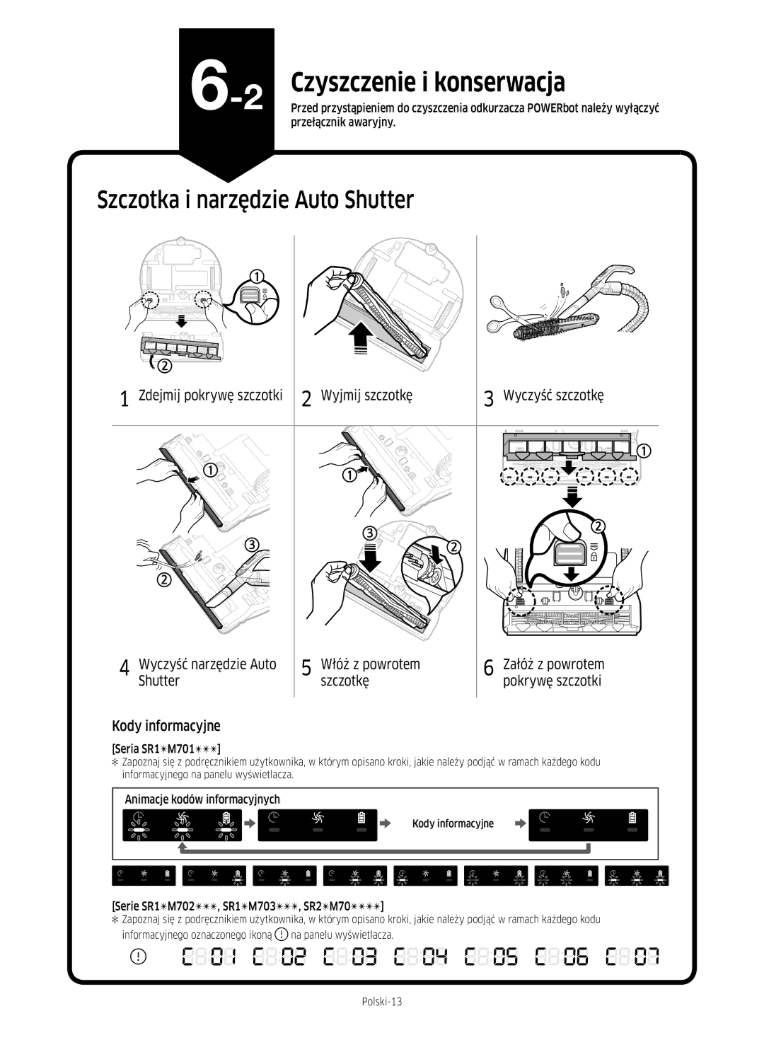 Samsung VR20M707HWS/GE manual Szczotka i narzędzie Auto Shutter, Zdejmij pokrywę szczotki Wyjmij szczotkę, Shutter Szczotkę 