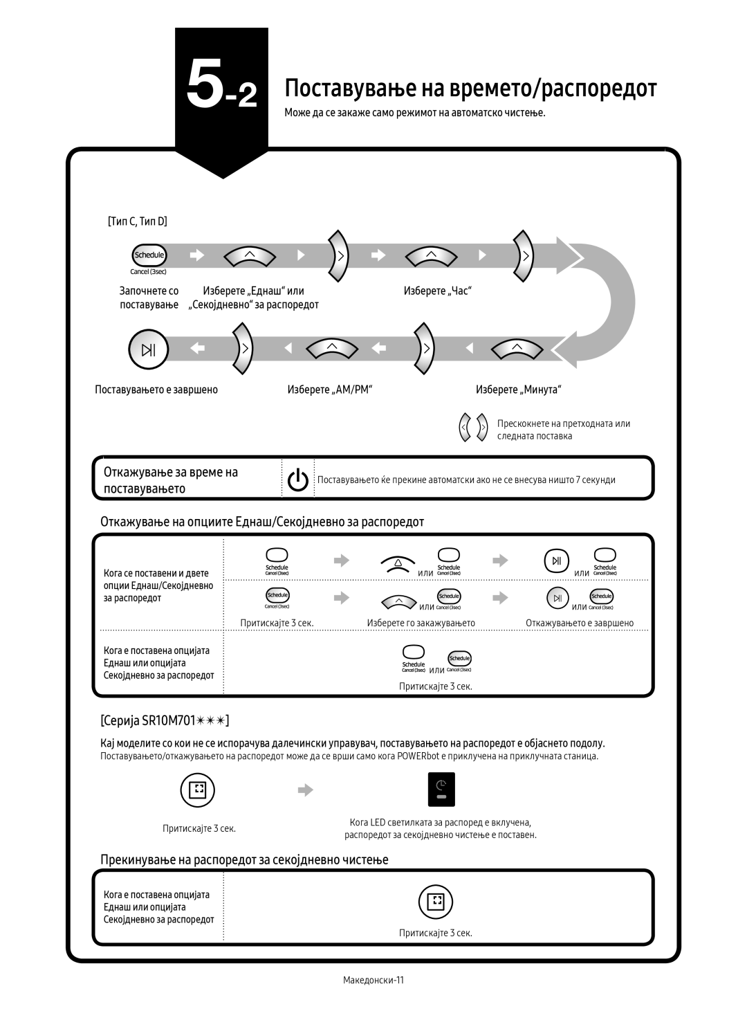 Samsung VR20M705CUS/GE manual Откажување за време на, Серија SR10M701, Прекинување на распоредот за секојдневно чистење 