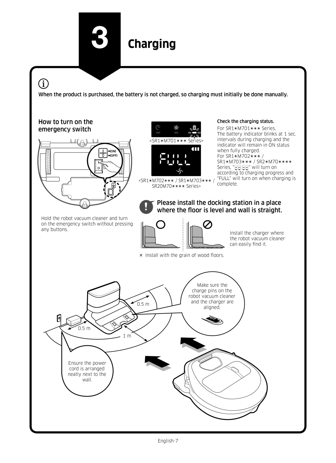 Samsung VR20M707HWS/GE, VR10M703HWG/GE, VR10M701HUW/GE, VR20M705CUS/GE manual Charging, How to turn on the emergency switch 