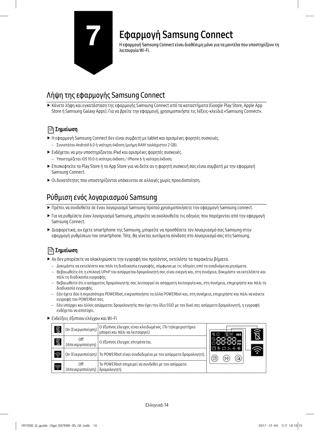 Samsung VR20M707HWS/GE, VR10M703HWG/GE, VR10M701HUW/GE, VR20M705CUS/GE manual Εφαρμογή Samsung Connect, Σημείωση, Ελληνικά-14 