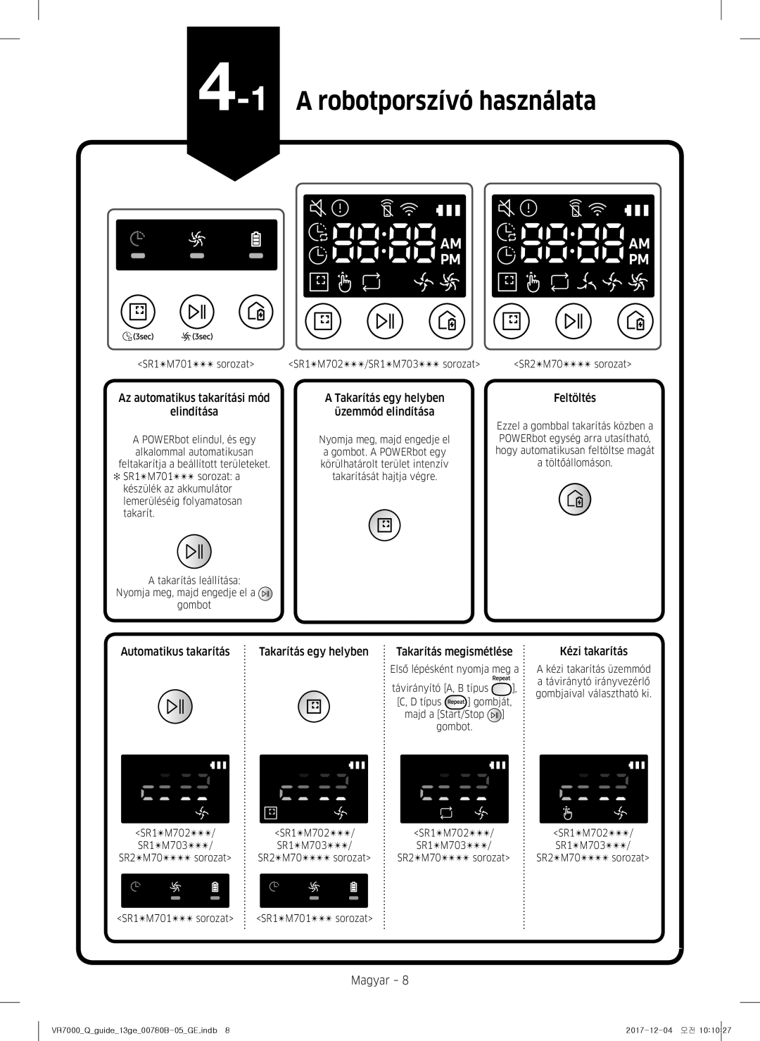 Samsung VR10M703HWG/GE, VR10M701HUW/GE, VR20M707HWS/GE, VR20M705CUS/GE manual 1A robotporszívó használata, Kézi takarítás 