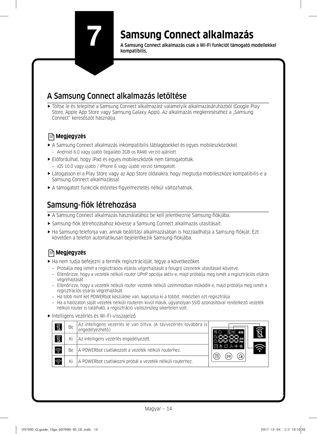 Samsung VR10M701HUW/GE, VR10M703HWG/GE Samsung Connect alkalmazás, Megjegyzés, FfIntelligens vezérlés és Wi-Fi-visszajelző 