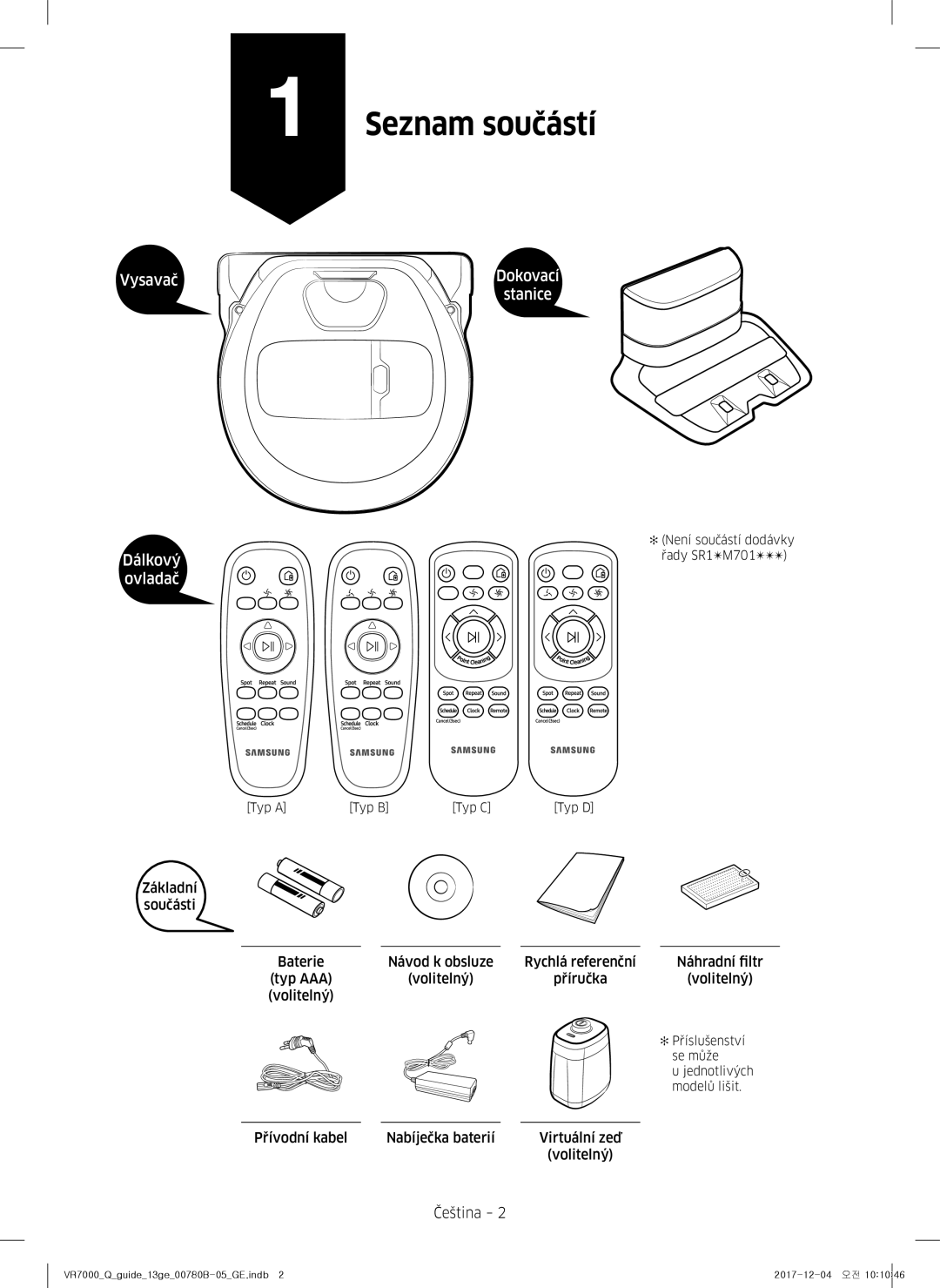 Samsung VR20M705CUS/GE, VR10M703HWG/GE Seznam součástí, Čeština, Přívodní kabel Nabíječka baterií Virtuální zeď Volitelný 