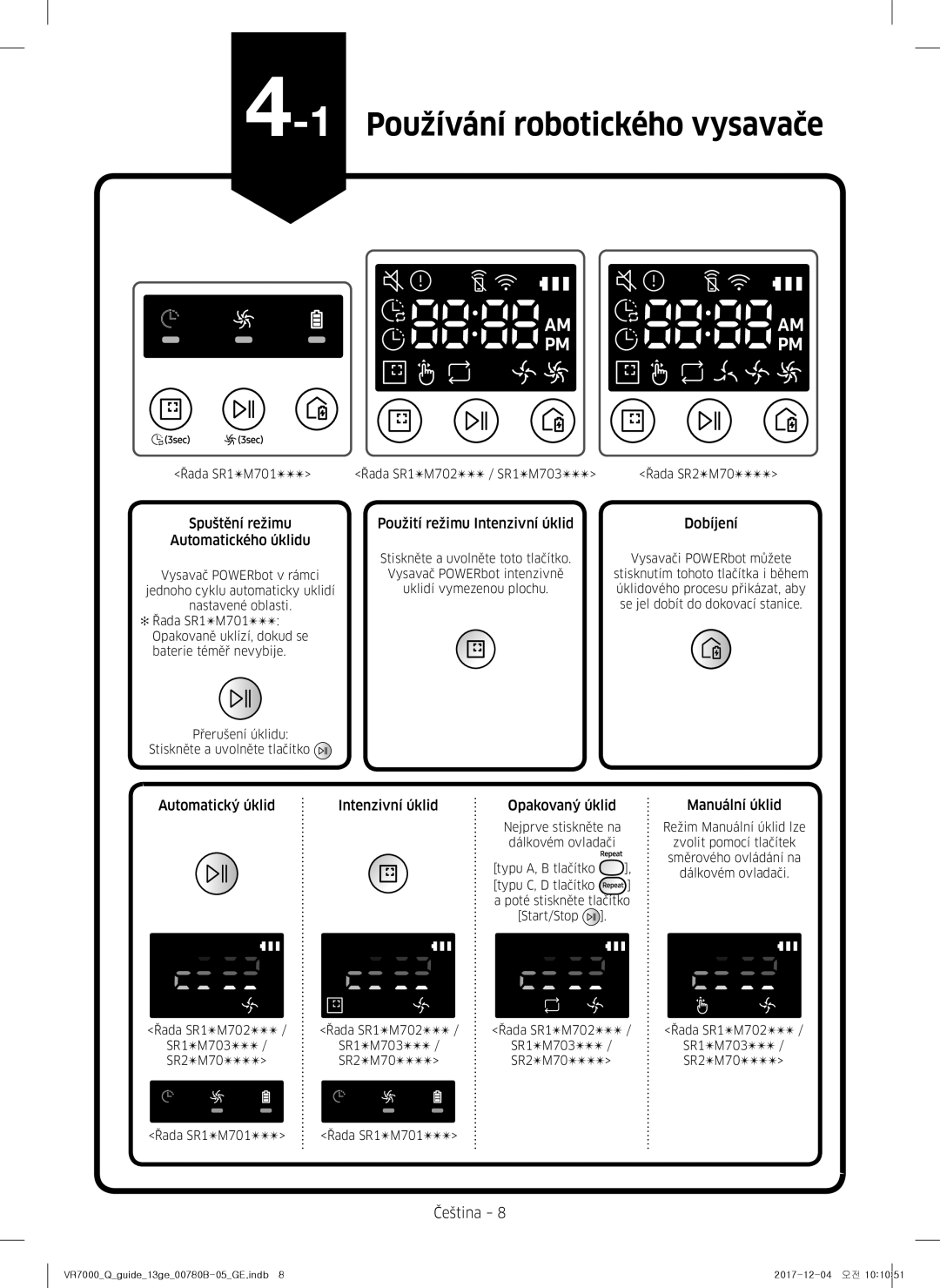 Samsung VR10M701CUW/GE, VR10M703HWG/GE, VR10M701HUW/GE, VR20M707HWS/GE, VR20M705CUS/GE manual 1Používání robotického vysavače 