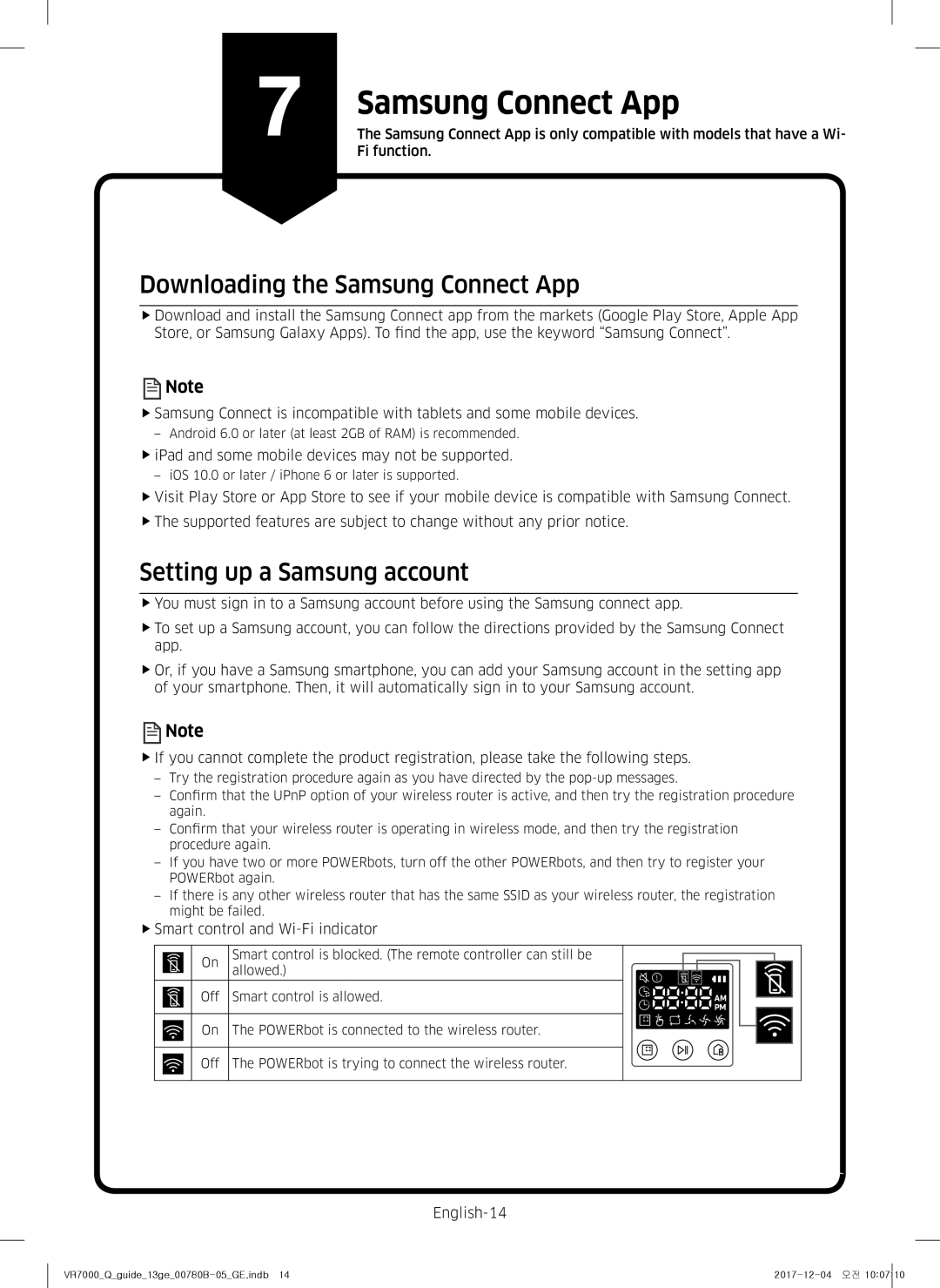 Samsung VR10M701CUW/GE Samsung Connect App, FfiPad and some mobile devices may not be supported, English-14, Fi function 