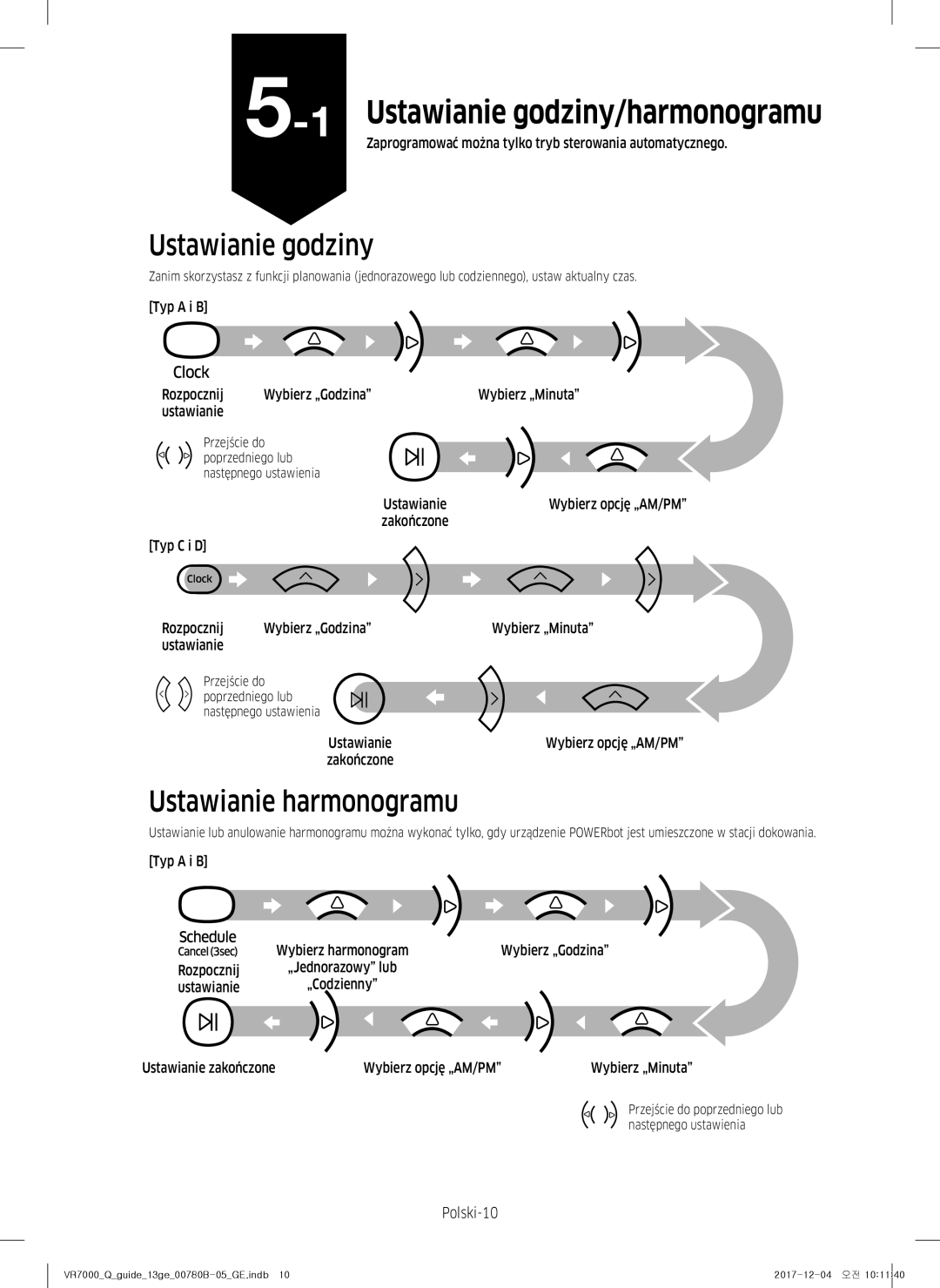 Samsung VR10M701CUW/GE, VR10M703HWG/GE, VR10M701HUW/GE manual Ustawianie godziny, Ustawianie harmonogramu, Polski-10 