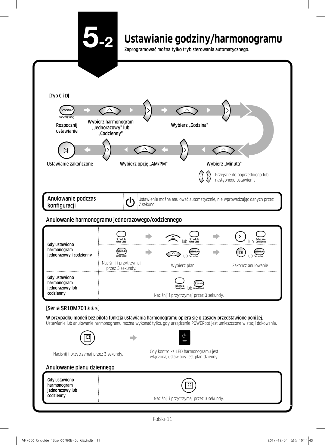 Samsung VR10M703HWG/GE manual Anulowanie harmonogramu jednorazowego/codziennego, Anulowanie planu dziennego, Polski-11 