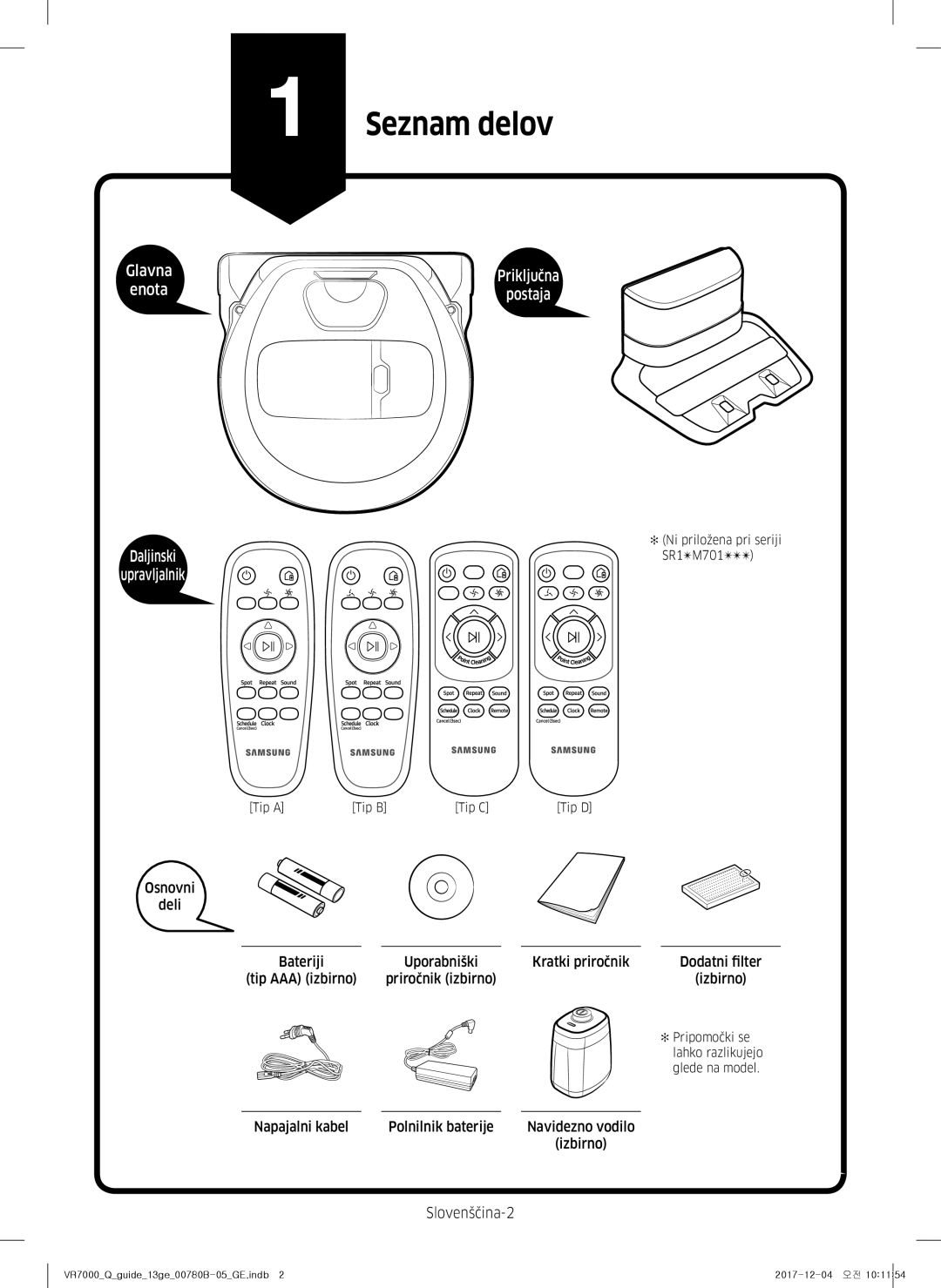 Samsung VR10M703HWG/GE manual Seznam delov, Slovenščina-2, Napajalni kabel Polnilnik baterije Navidezno vodilo Izbirno 