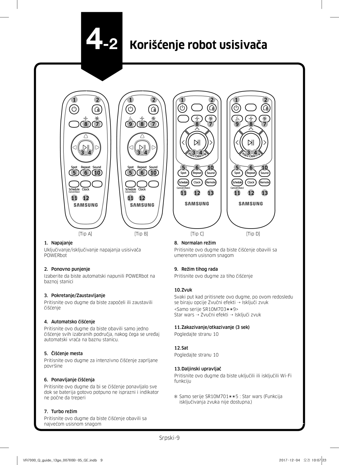 Samsung VR20M705CUS/GE, VR10M703HWG/GE, VR10M701HUW/GE, VR20M707HWS/GE, VR10M701CUW/GE 2Korišćenje robot usisivača, Srpski-9 