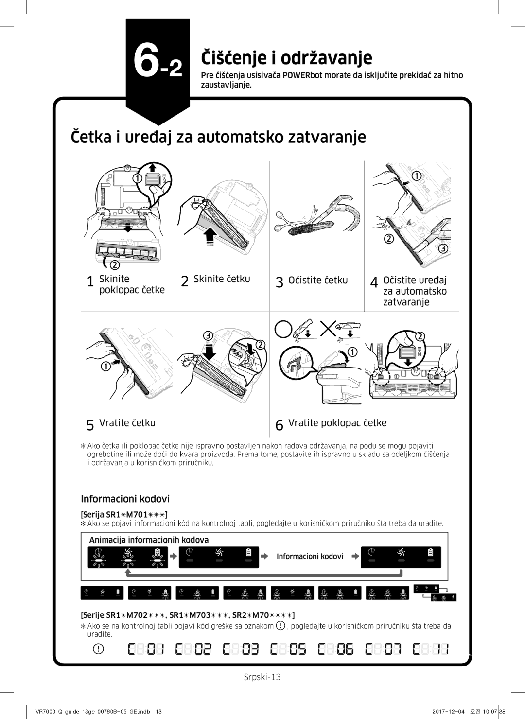 Samsung VR20M707HWS/GE, VR10M703HWG/GE manual Četka i uređaj za automatsko zatvaranje, Informacioni kodovi, Srpski-13 