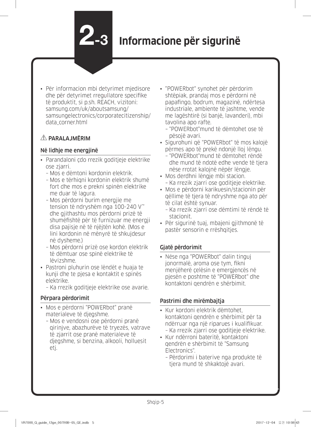 Samsung VR10M701HUW/GE, VR10M703HWG/GE, VR20M707HWS/GE, VR20M705CUS/GE, VR10M701CUW/GE 3Informacione për sigurinë, Shqip-5 