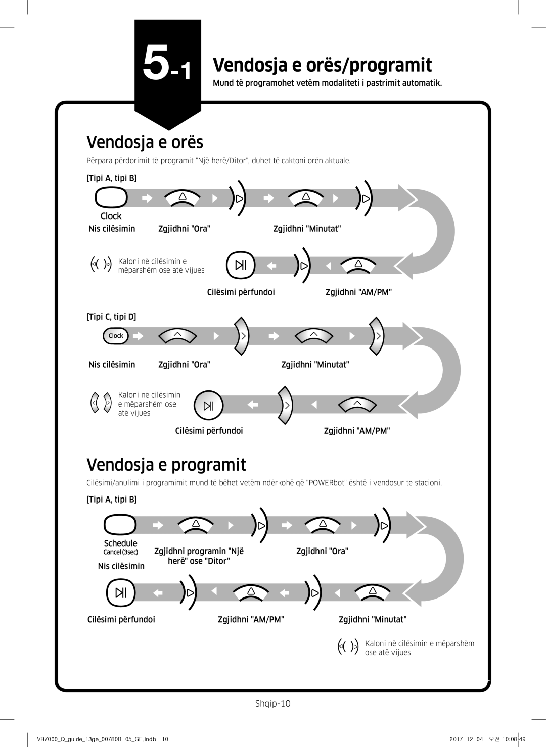 Samsung VR10M701HUW/GE, VR10M703HWG/GE, VR20M707HWS/GE manual Vendosja e orës/programit, Vendosja e programit, Shqip-10 