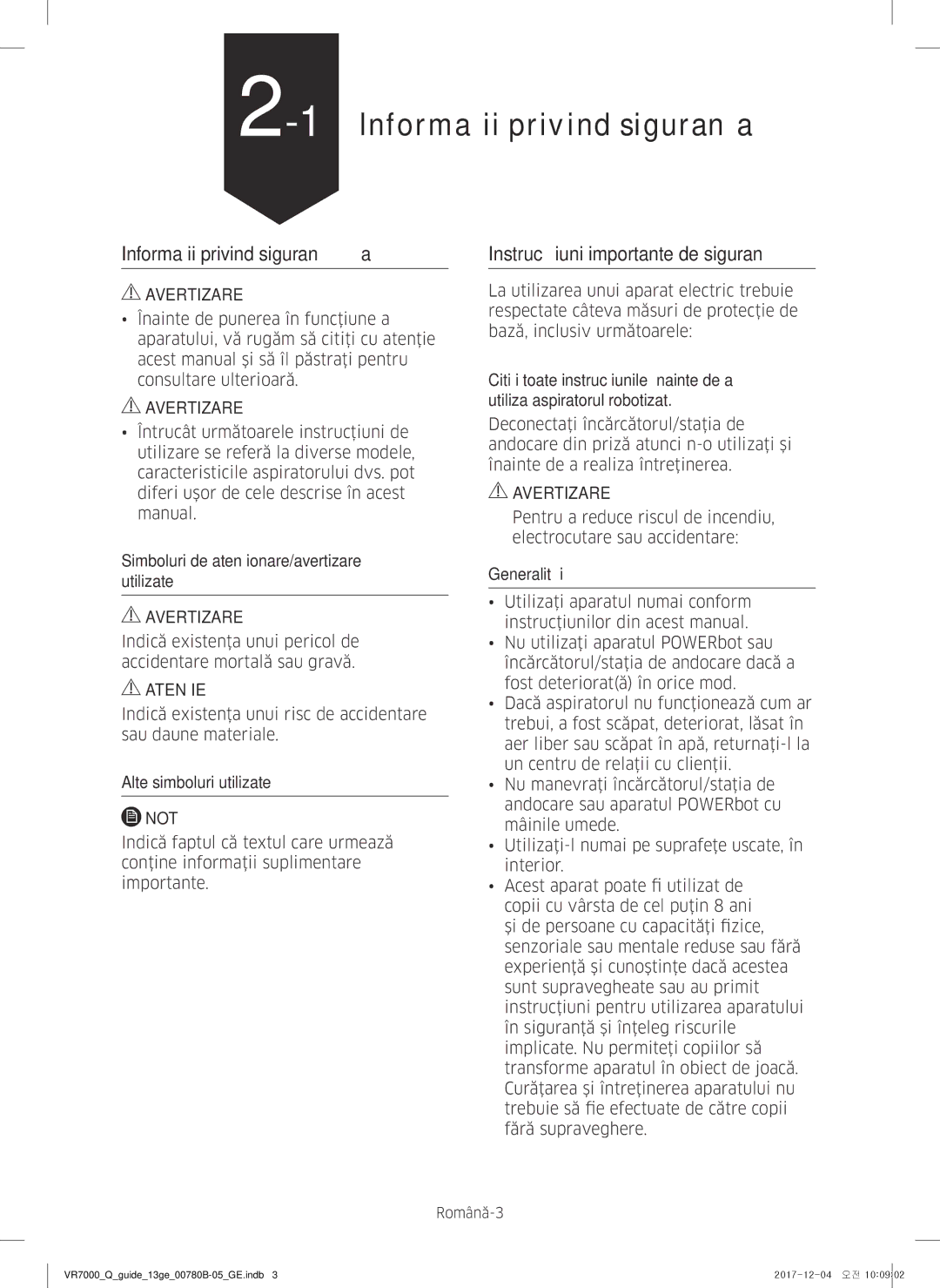 Samsung VR20M705CUS/GE, VR10M703HWG/GE, VR10M701HUW/GE, VR20M707HWS/GE manual 1Informaţii privind siguranţa, Română-3 