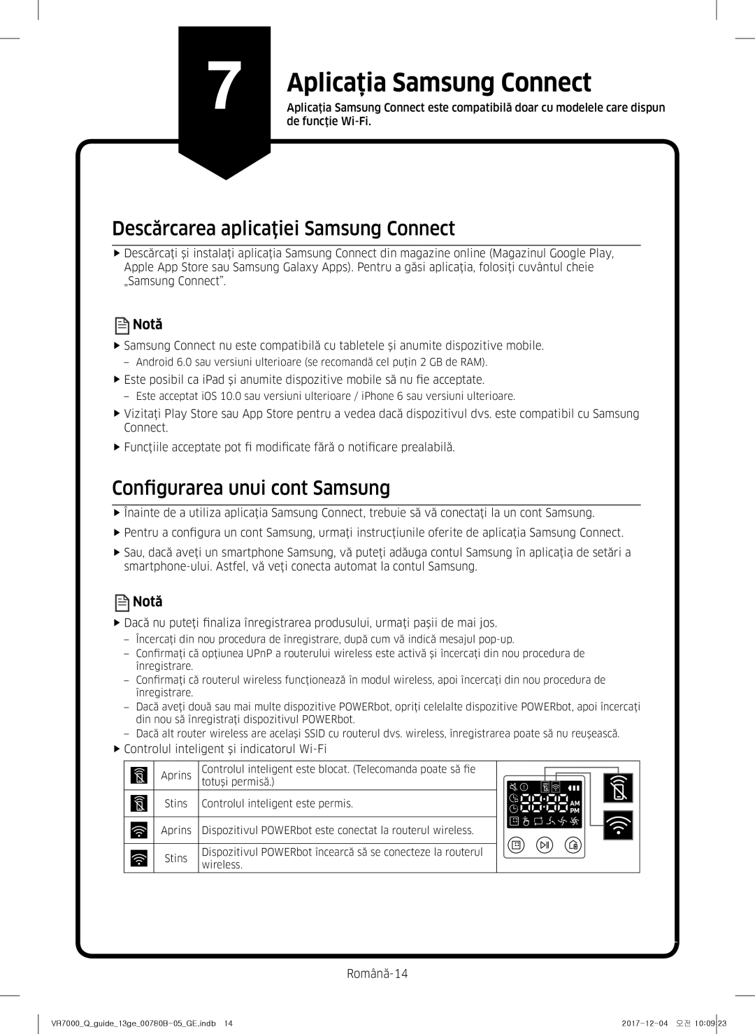 Samsung VR10M701CUW/GE manual Aplicaţia Samsung Connect, Notă, FfControlul inteligent şi indicatorul Wi-Fi, Română-14 