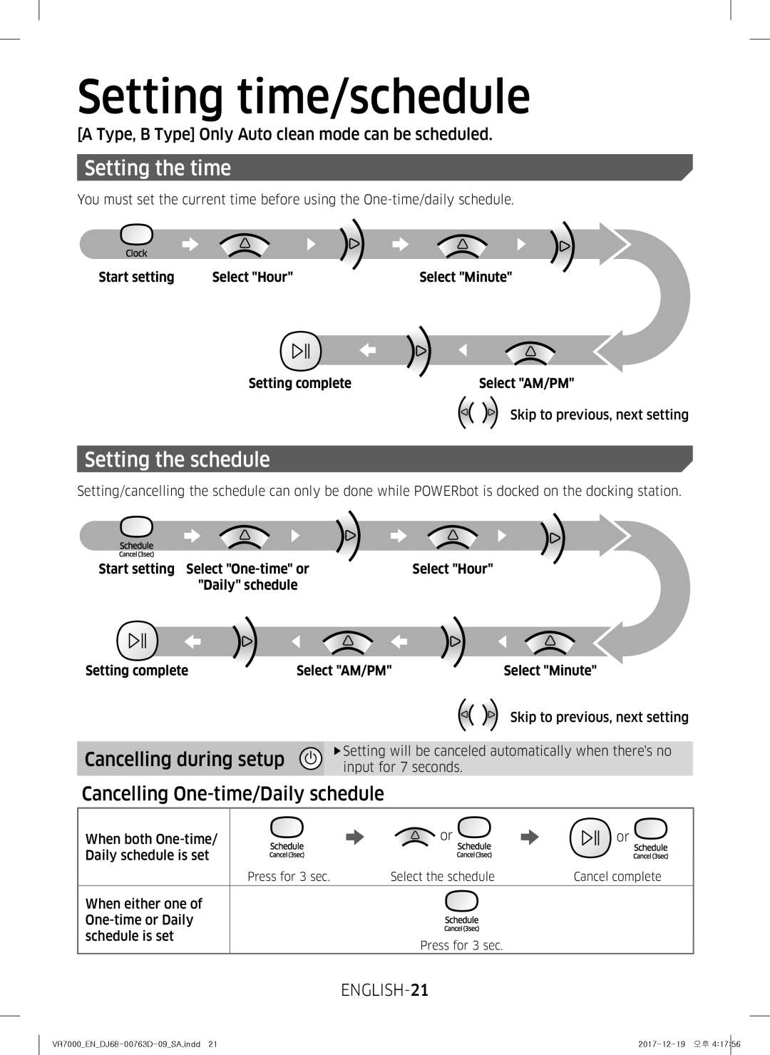 Samsung VR10M703PW9/WA manual Setting time/schedule, Setting the time, Setting the schedule, ENGLISH-21 