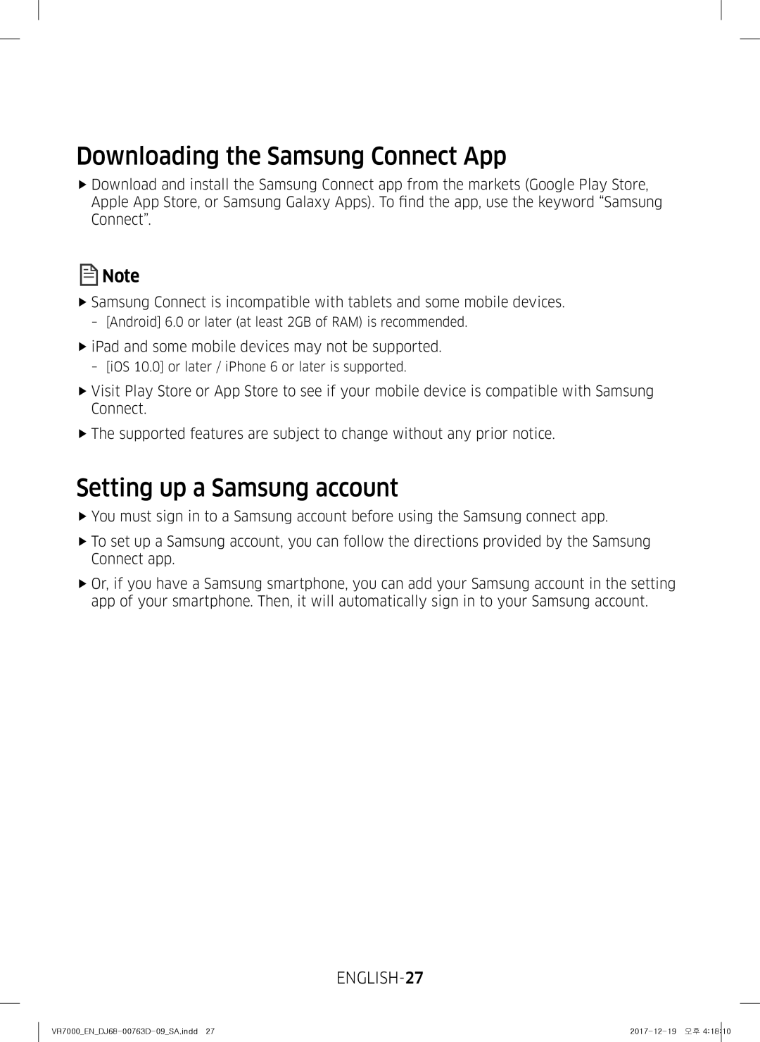 Samsung VR10M703PW9/WA manual Downloading the Samsung Connect App, Setting up a Samsung account, ENGLISH-27 