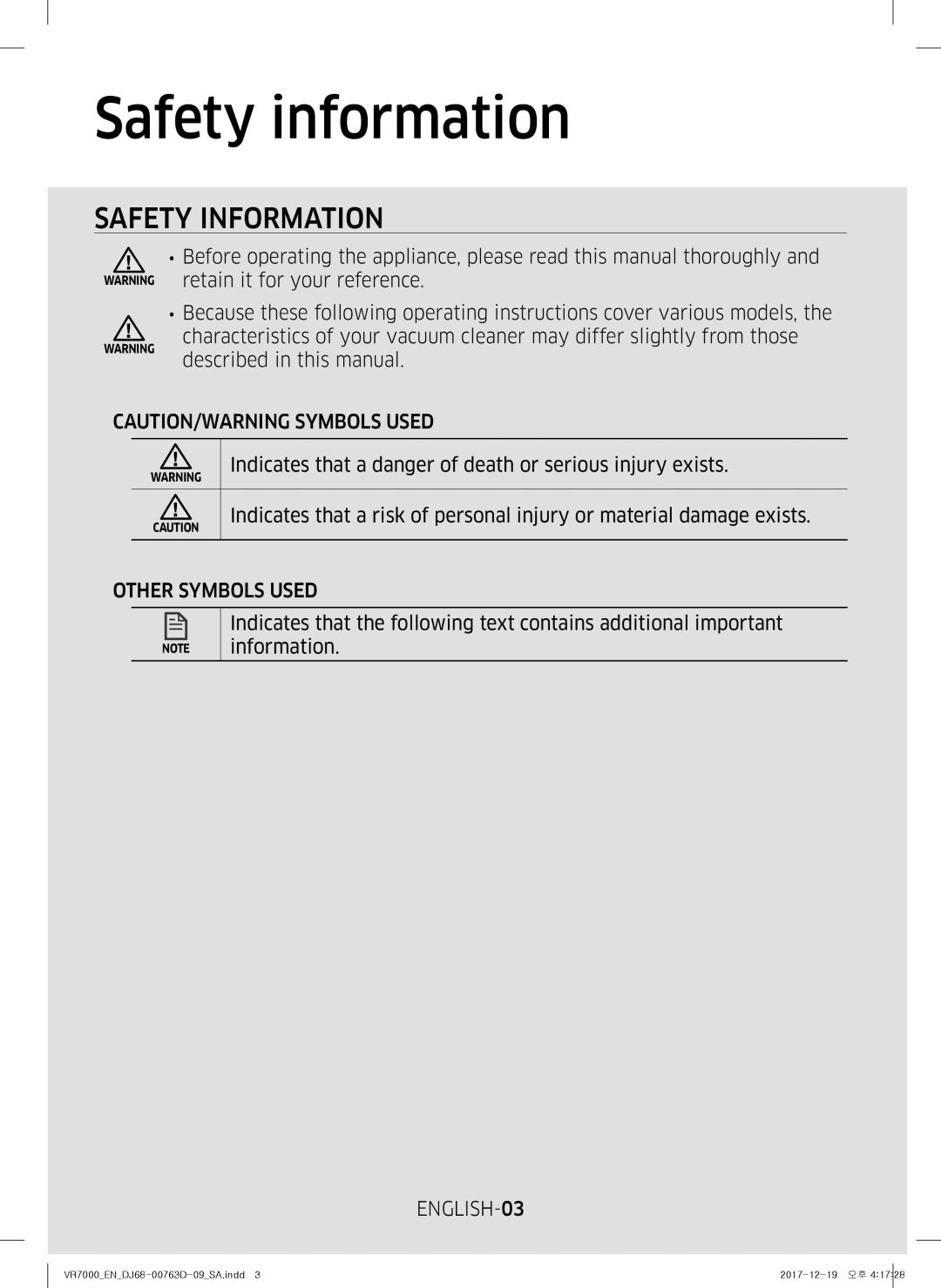 Samsung VR10M703PW9/WA manual Safety information, Other Symbols Used, ENGLISH-03 