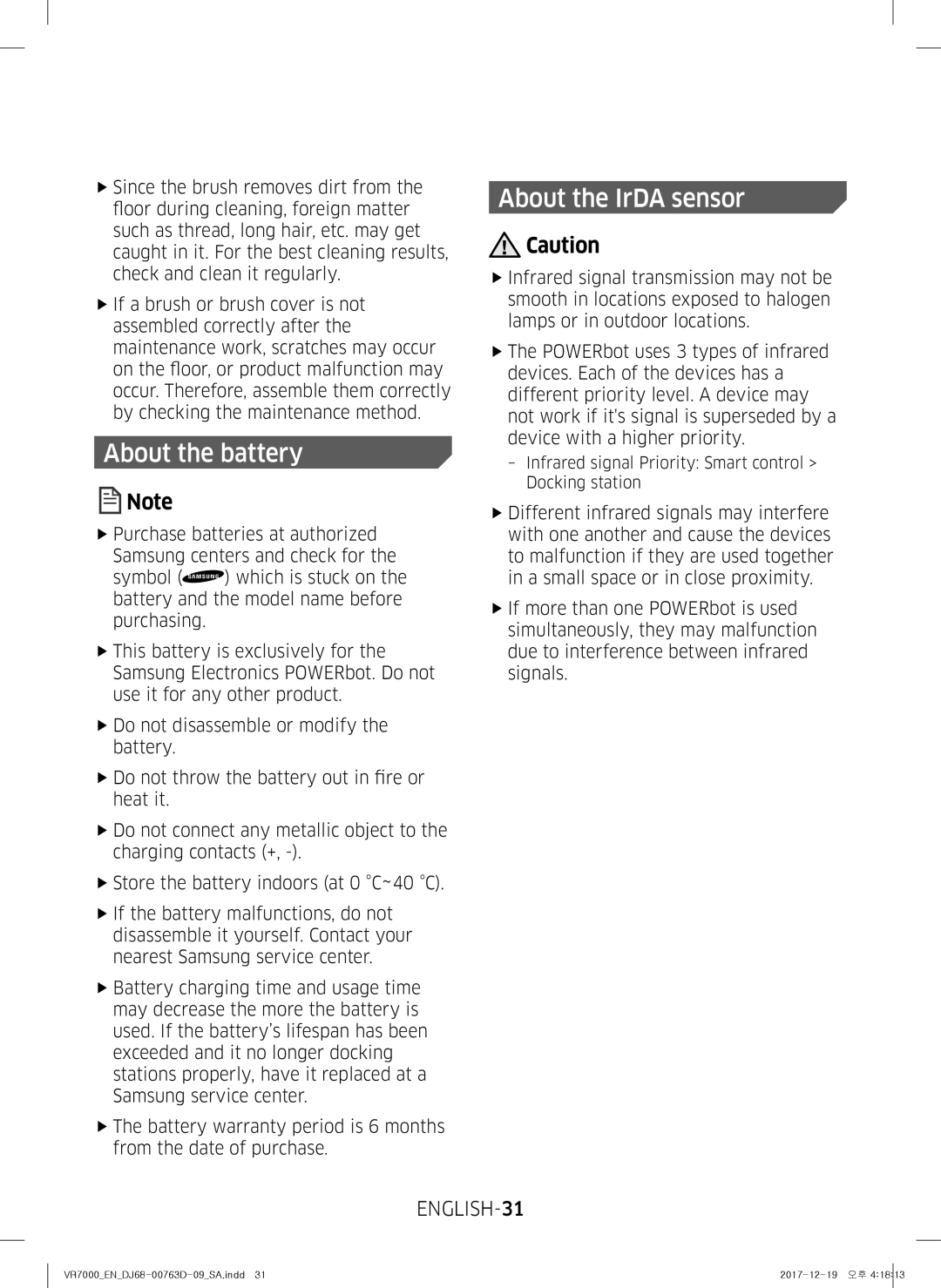 Samsung VR10M703PW9/WA manual About the battery, About the IrDA sensor, ENGLISH-31 