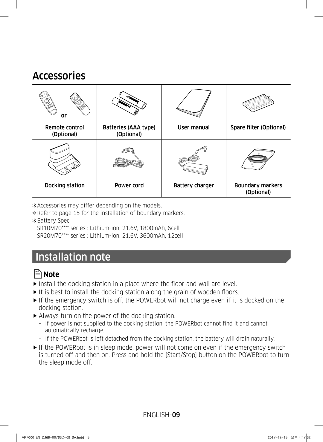 Samsung VR10M703PW9/WA manual Accessories, ENGLISH-09 