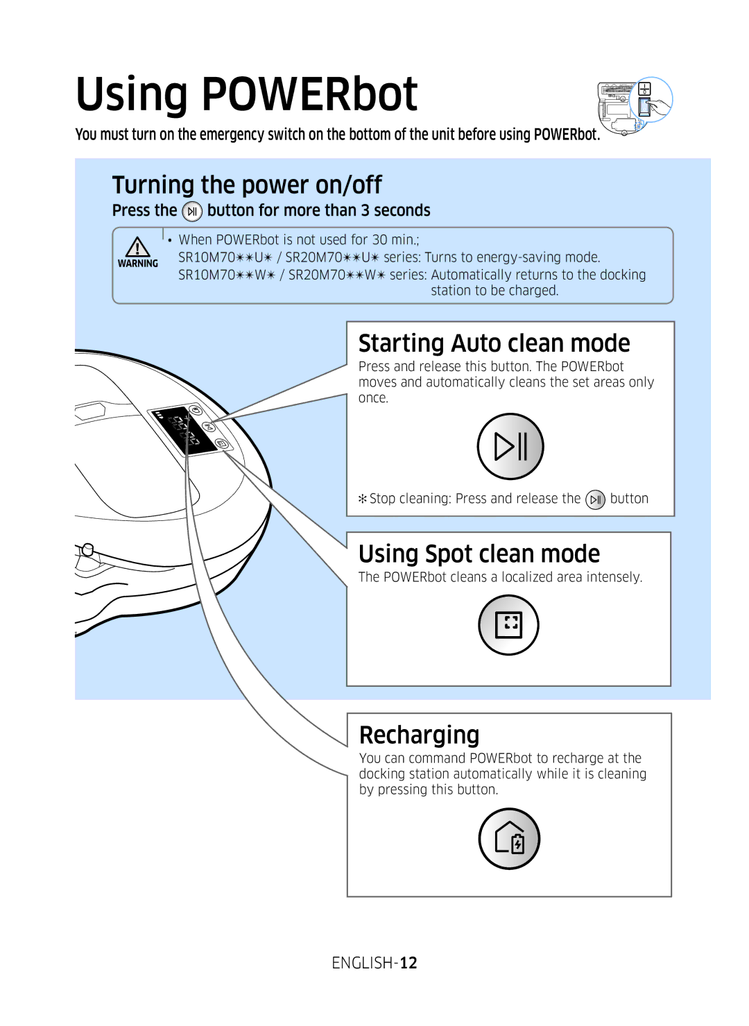 Samsung VR10M703PW9/WA manual Using POWERbot, Press the button for more than 3 seconds, ENGLISH-12 