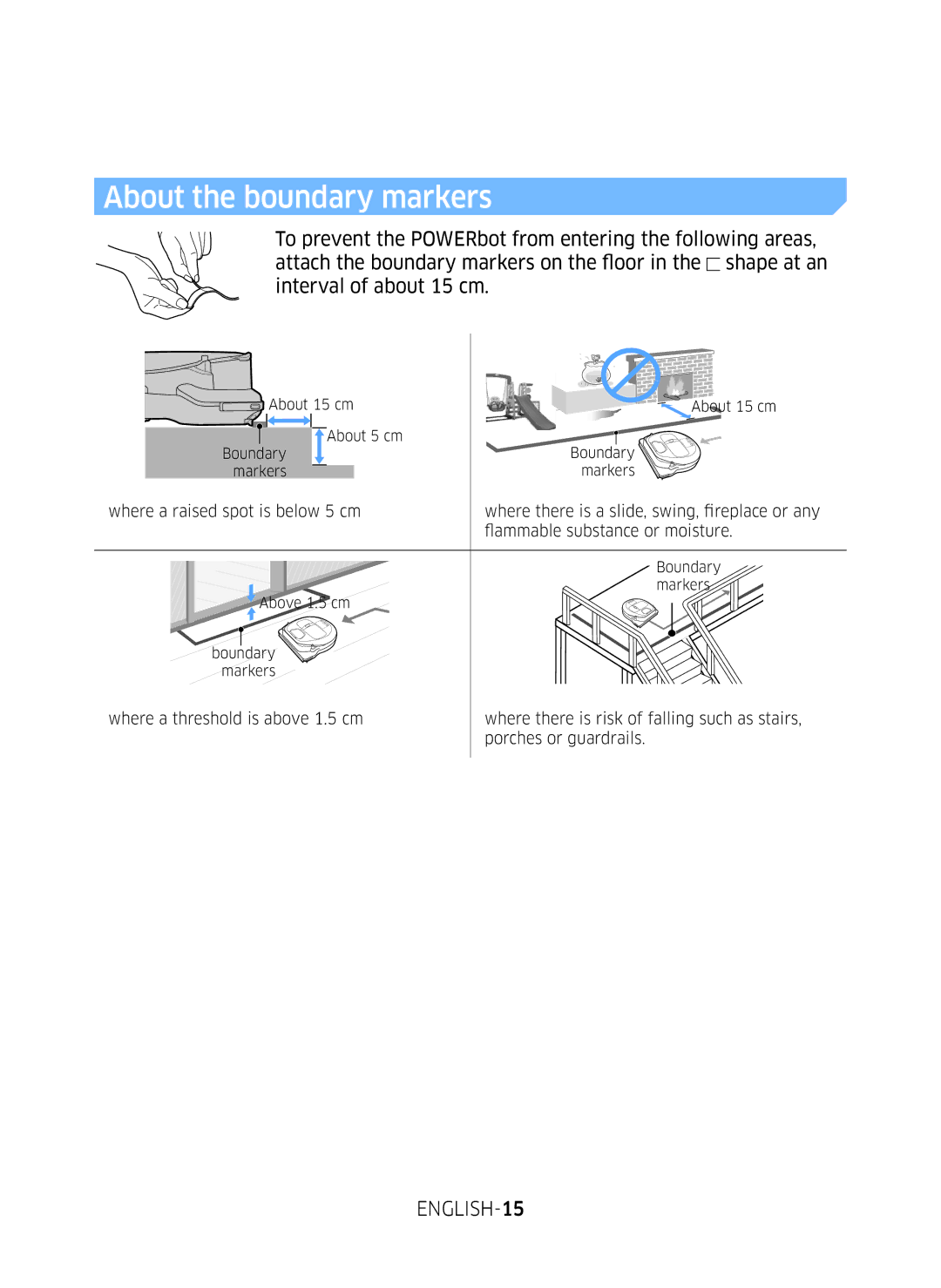 Samsung VR10M703PW9/WA manual About the boundary markers, ENGLISH-15 