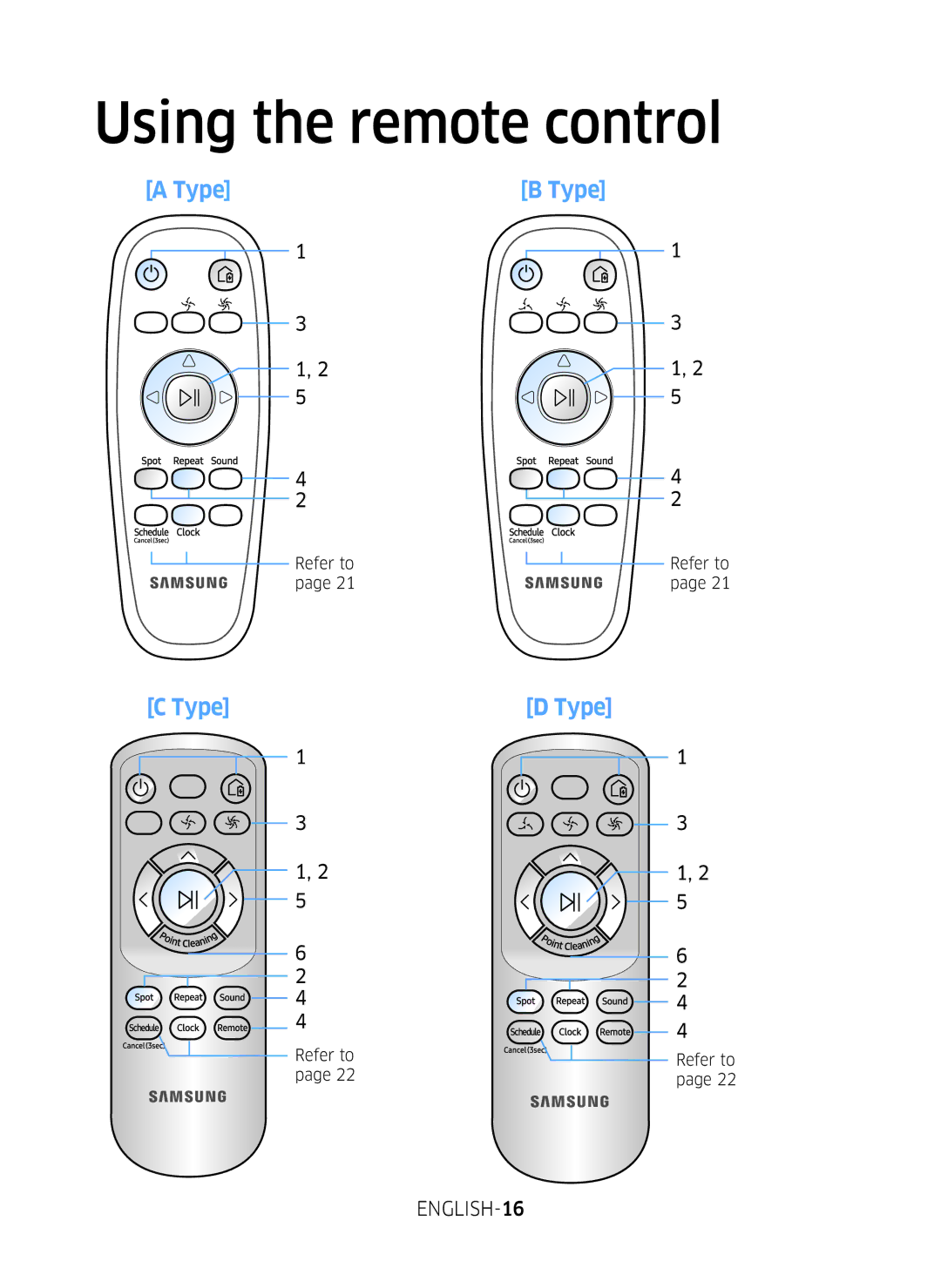 Samsung VR10M703PW9/WA manual Using the remote control, ENGLISH-16 