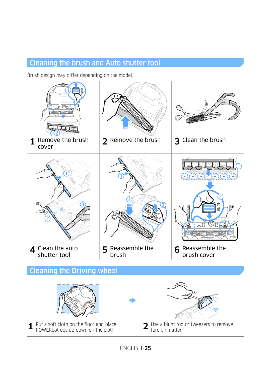 Samsung VR10M703PW9/WA manual Cleaning the brush and Auto shutter tool, Cleaning the Driving wheel, ENGLISH-25 