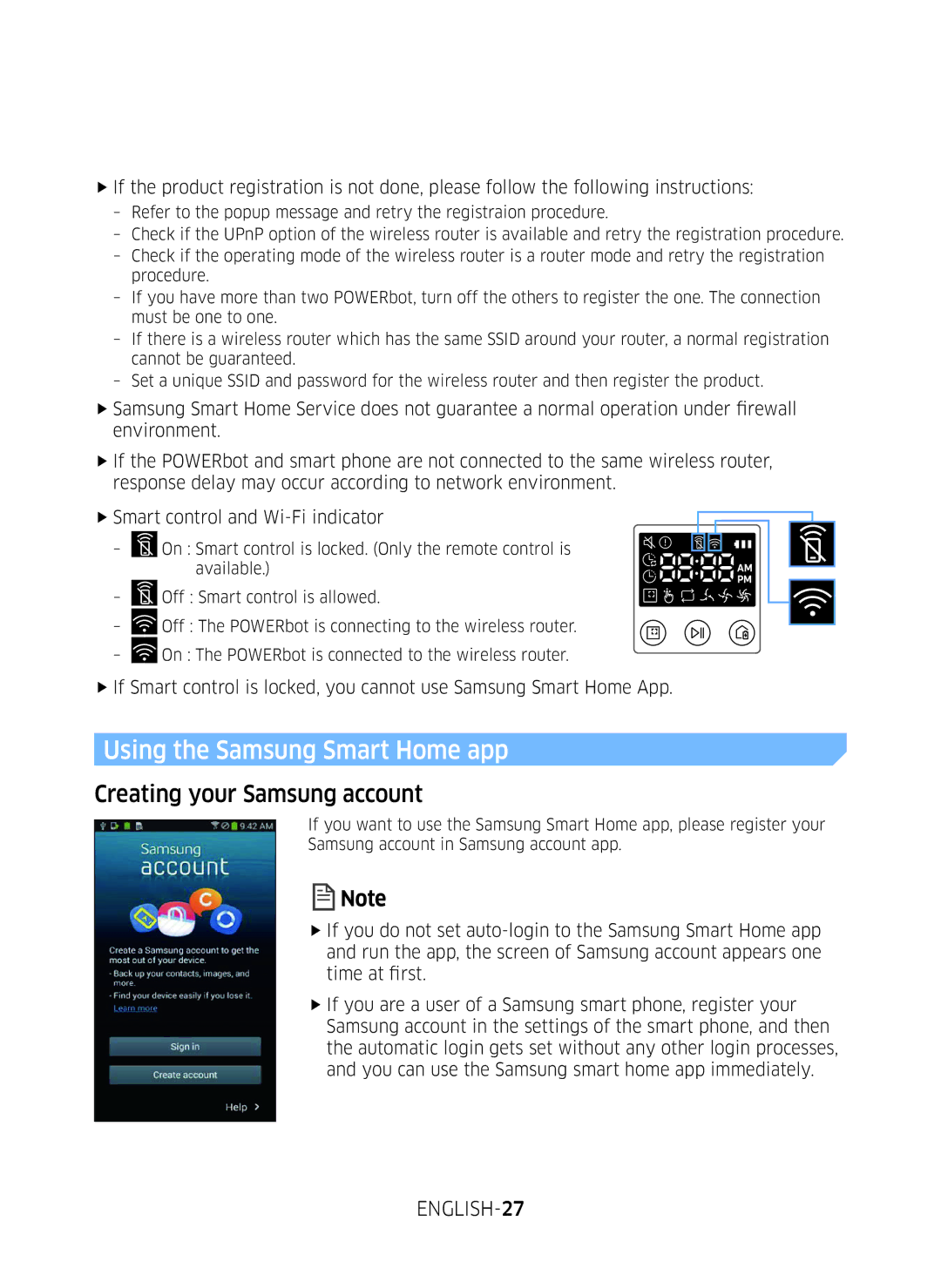 Samsung VR10M703PW9/WA manual Using the Samsung Smart Home app, Creating your Samsung account, ENGLISH-27 