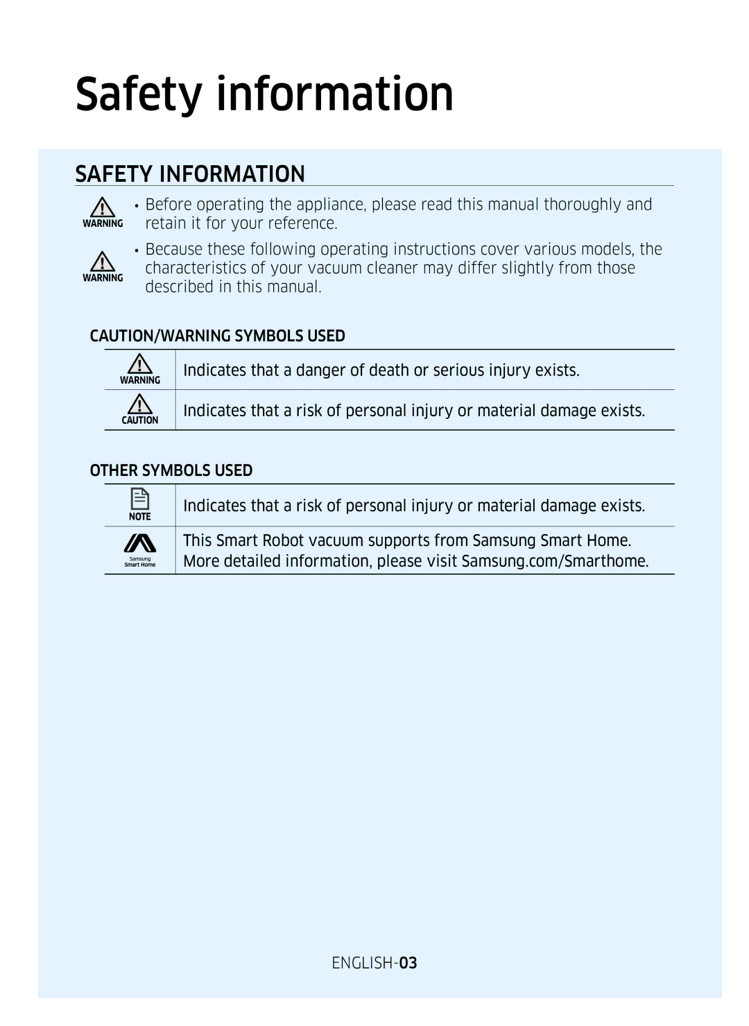 Samsung VR10M703PW9/WA manual Safety information, Other Symbols Used, ENGLISH-03 