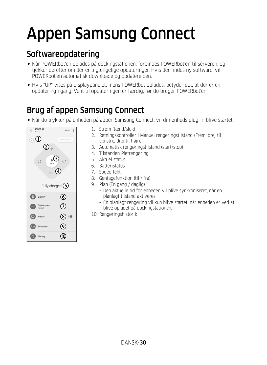 Samsung VR20M707SWD/EE, VR10M703SWG/EE, VR10M701SUW/EE manual Softwareopdatering, Brug af appen Samsung Connect, DANSK-30 