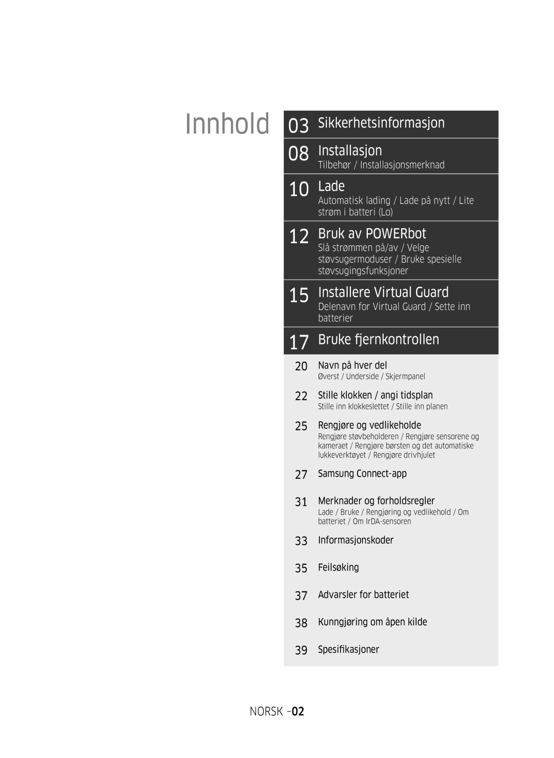 Samsung VR20M707SWD/EE, VR10M703SWG/EE, VR10M701SUW/EE manual Innhold, Norsk 