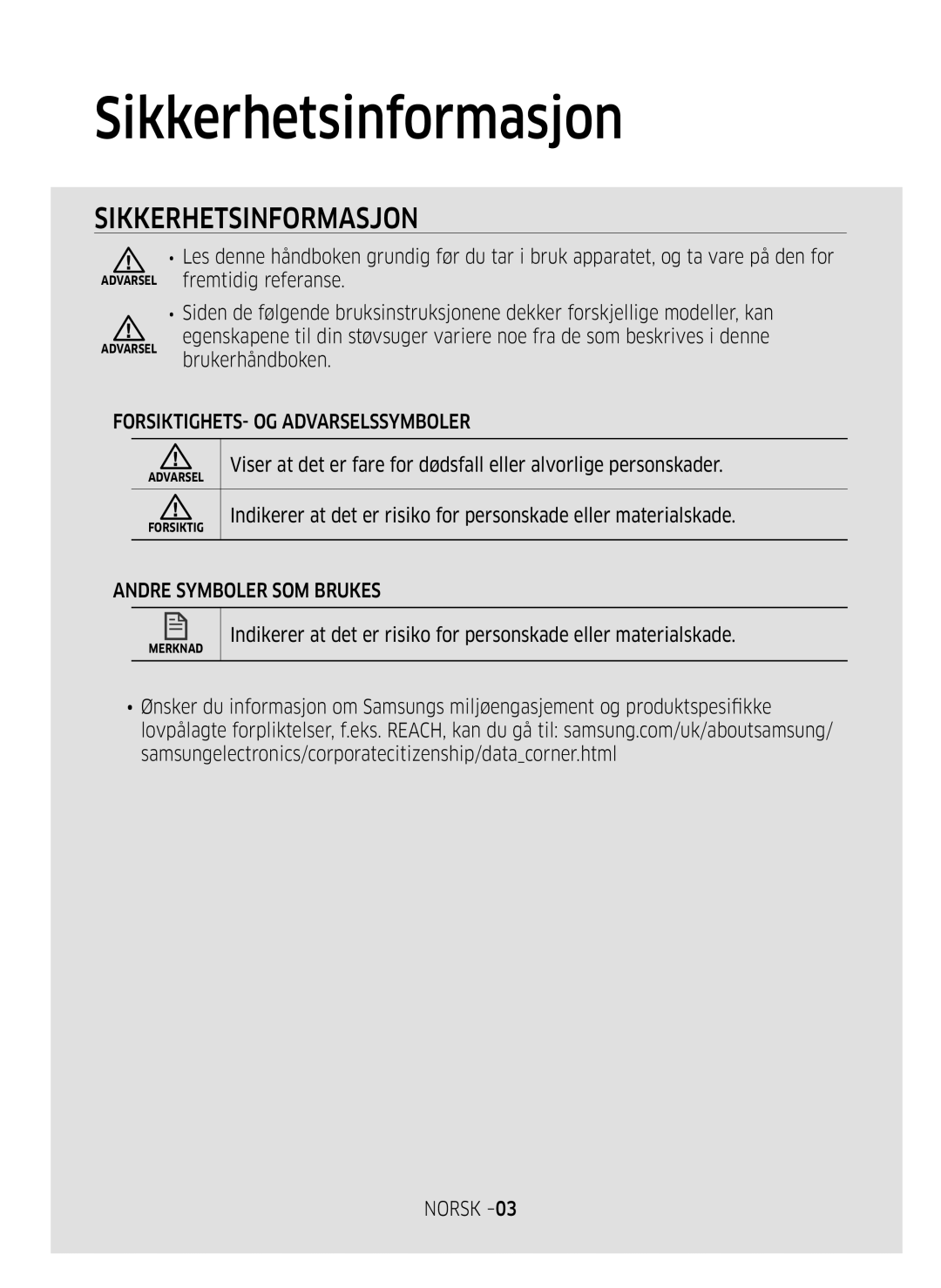 Samsung VR10M703SWG/EE manual Sikkerhetsinformasjon, FORSIKTIGHETS- OG Advarselssymboler, Andre Symboler SOM Brukes 