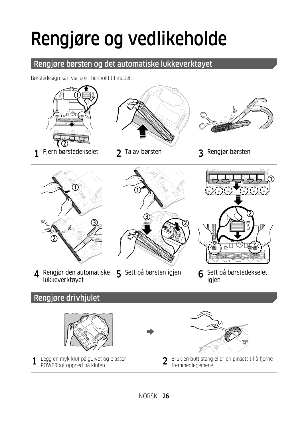 Samsung VR20M707SWD/EE manual Rengjøre børsten og det automatiske lukkeverktøyet, Rengjøre drivhjulet, Lukkeverktøyet Igjen 