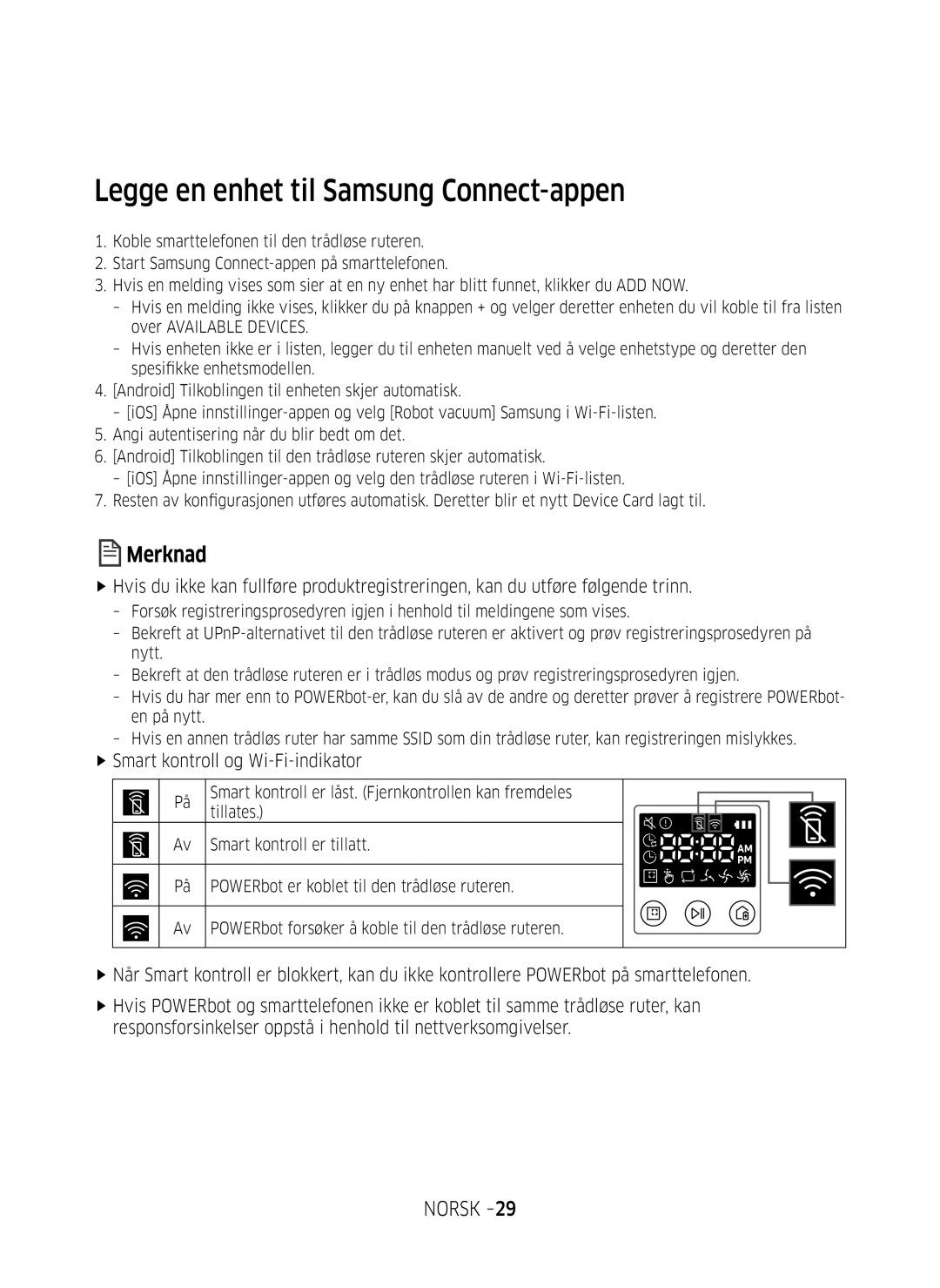 Samsung VR20M707SWD/EE, VR10M703SWG/EE manual Legge en enhet til Samsung Connect-appen, FfSmart kontroll og Wi-Fi-indikator 