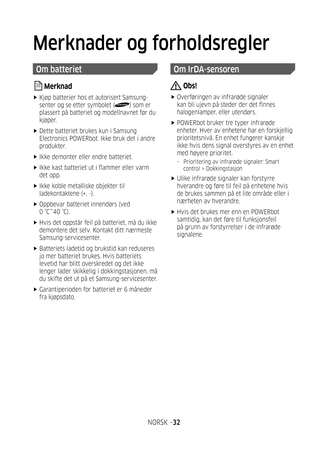 Samsung VR20M707SWD/EE, VR10M703SWG/EE manual Om batteriet, FfGarantiperioden for batteriet er 6 måneder fra kjøpsdato 