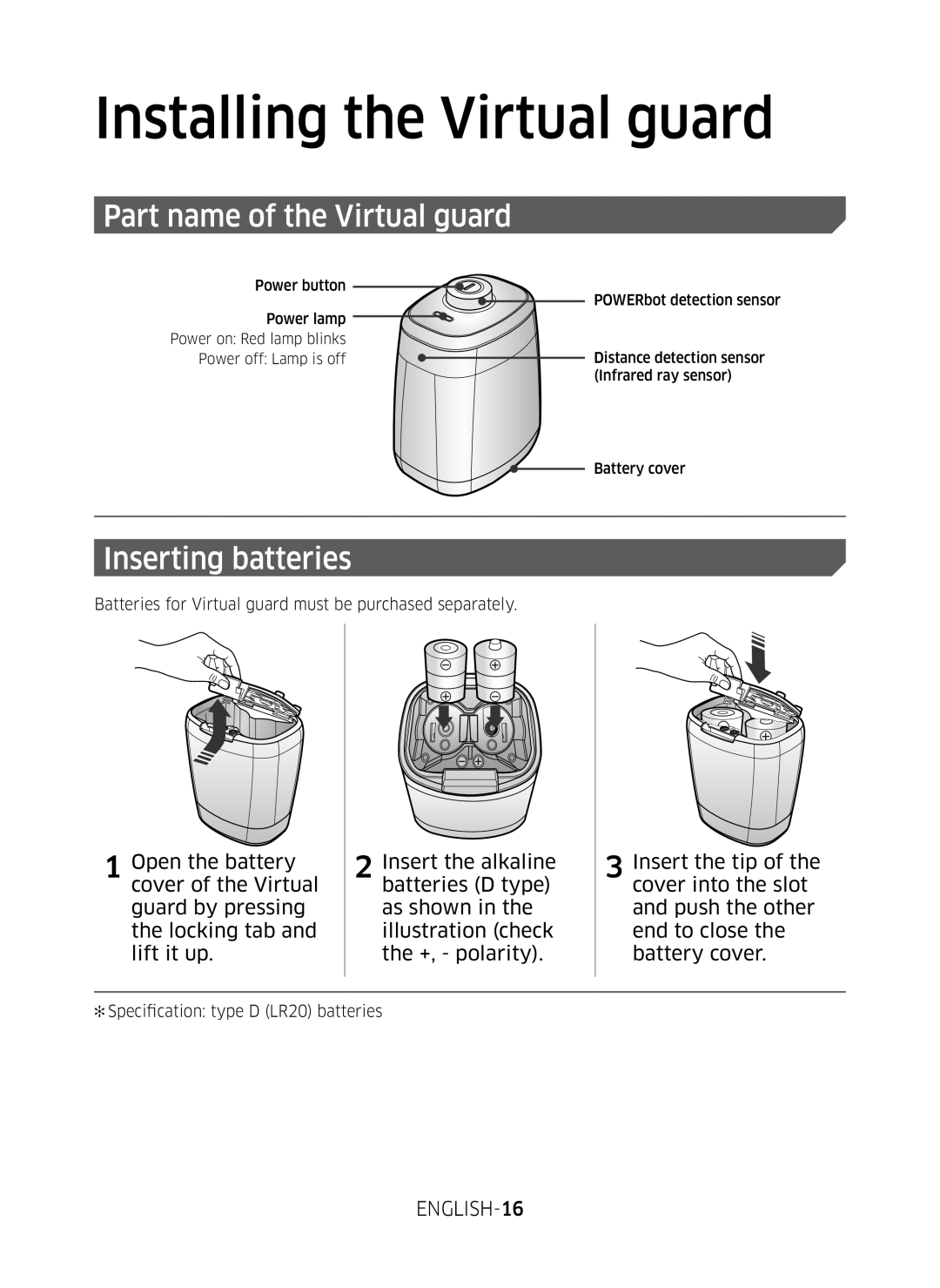 Samsung VR10M701SUW/EE, VR10M703SWG/EE, VR20M707SWD/EE manual Part name of the Virtual guard, Inserting batteries, ENGLISH-16 