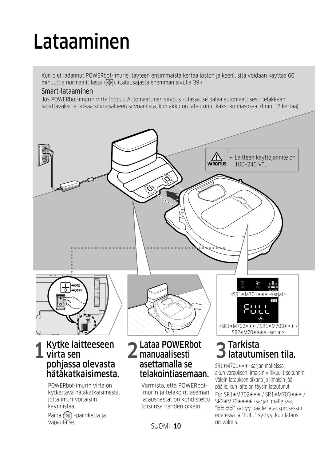 Samsung VR20M707SWD/EE, VR10M703SWG/EE, VR10M701SUW/EE manual Lataaminen, Telakointiasemaan, Smart-lataaminen, SUOMI-10 