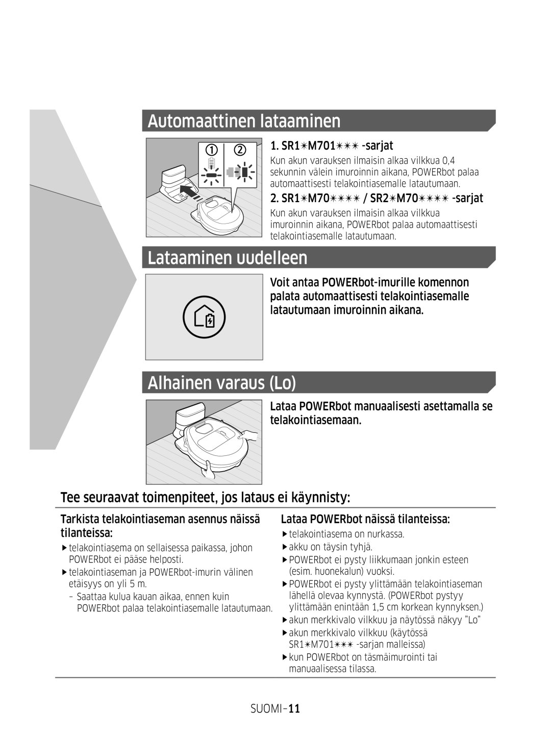 Samsung VR10M703SWG/EE, VR10M701SUW/EE manual Automaattinen lataaminen, Lataaminen uudelleen, Alhainen varaus Lo, SUOMI-11 
