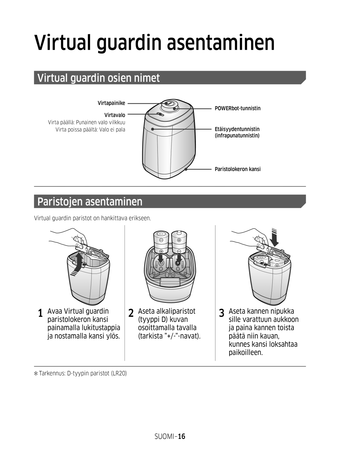 Samsung VR20M707SWD/EE, VR10M703SWG/EE, VR10M701SUW/EE manual Virtual guardin osien nimet, Paristojen asentaminen, SUOMI-16 