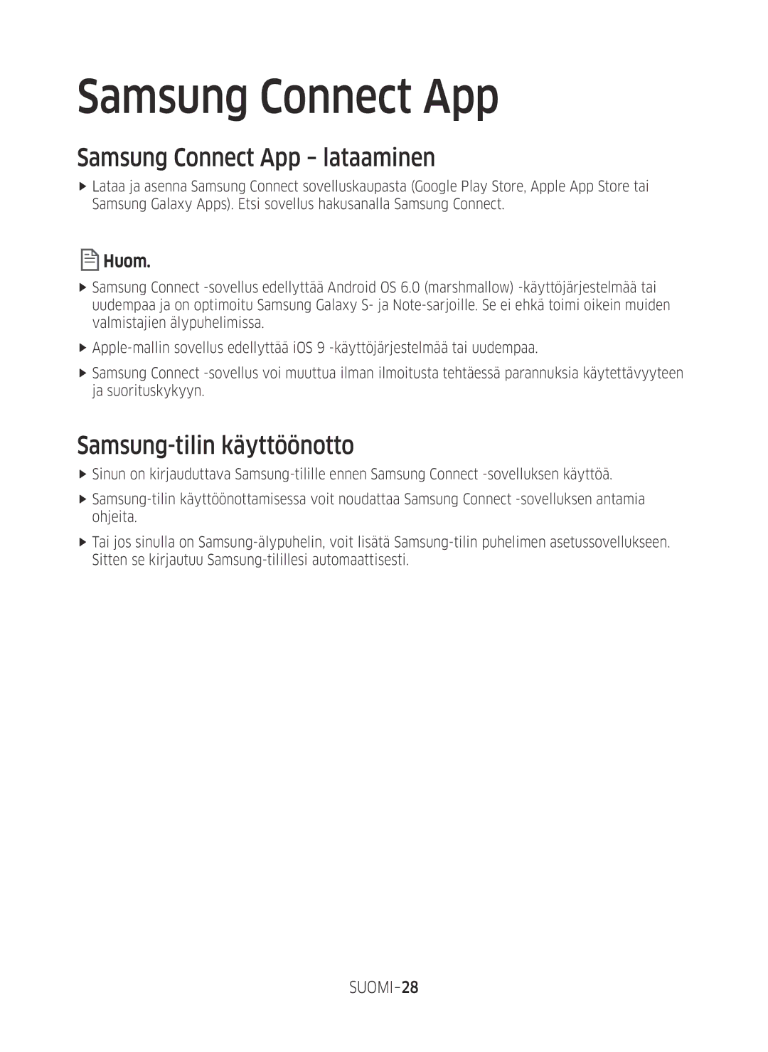 Samsung VR20M707SWD/EE, VR10M703SWG/EE, VR10M701SUW/EE Samsung Connect App lataaminen, Samsung-tilin käyttöönotto, SUOMI-28 