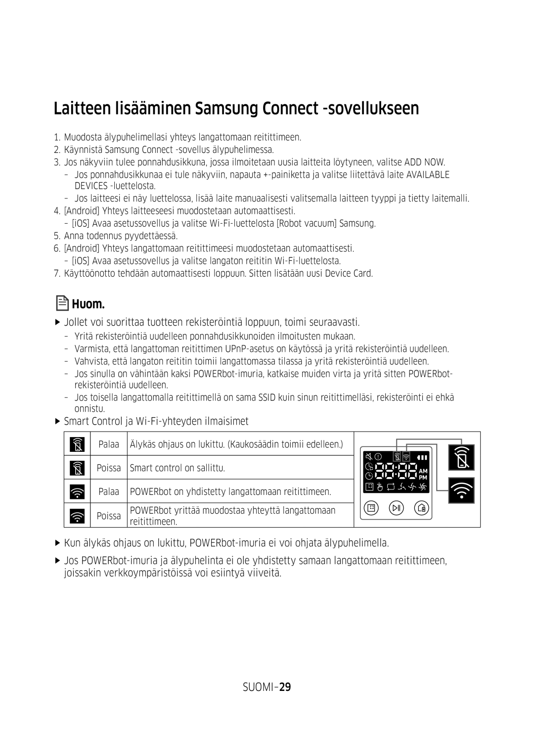 Samsung VR10M703SWG/EE, VR10M701SUW/EE, VR20M707SWD/EE manual Laitteen lisääminen Samsung Connect -sovellukseen, SUOMI-29 